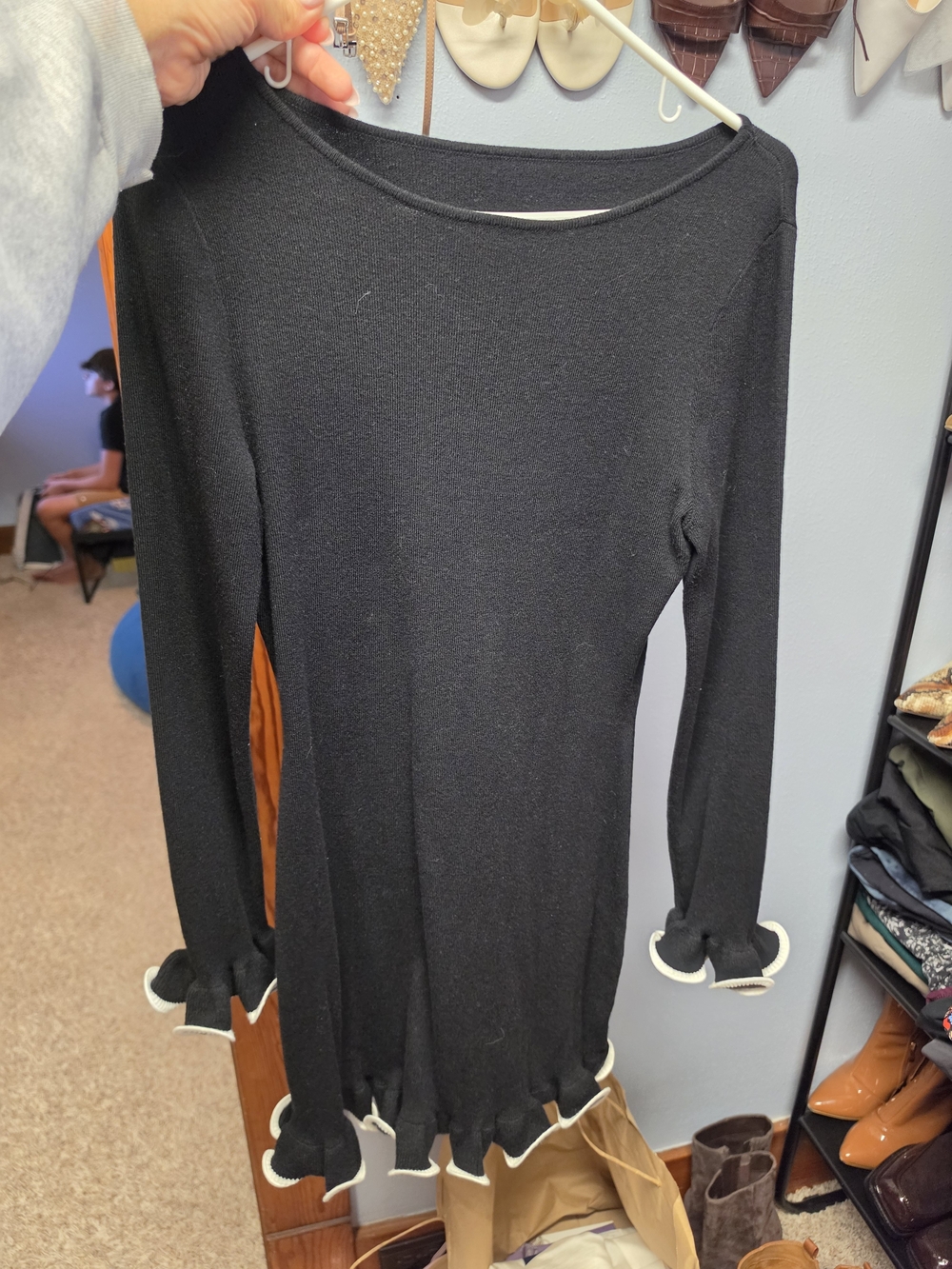 Black Mini Dress with White Trim - Women's Long Sleeve Mini